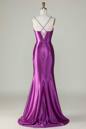 Dark Purple Spaghetti Straps Mermaid Long Ball Dress With Slit